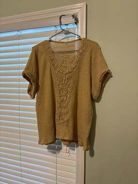 Mustard Crochet Lace Knit V-Neck Top